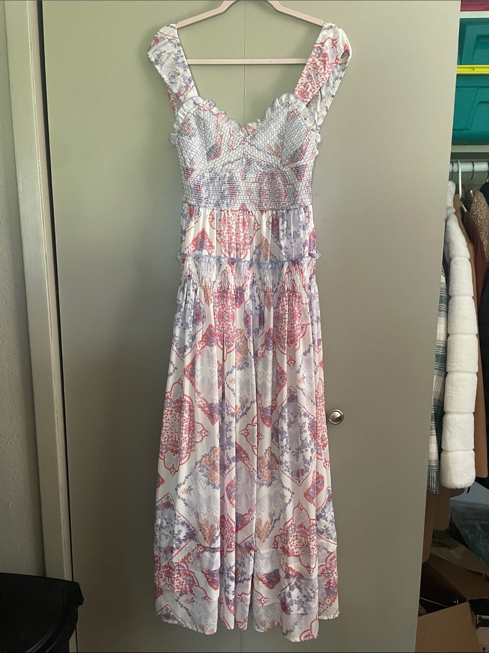 Smocked Sweetheart Maxi Dress in White with Pink & Lavender Print